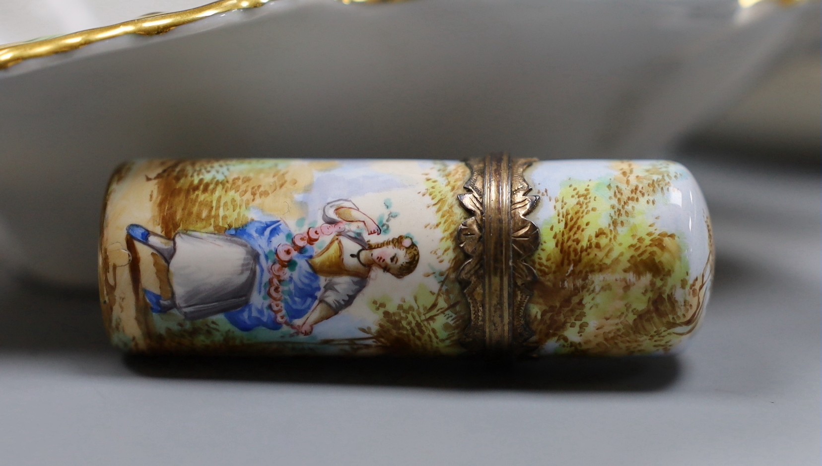 Two Meissen boxes with covers and a dish, two Herend dishes and an enamel on copper scent bottle